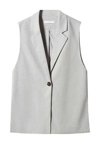 Světle šedý bezrukávový blazer vestička s klopovým límcem a jedním tmavým knoflíkem vpředu.