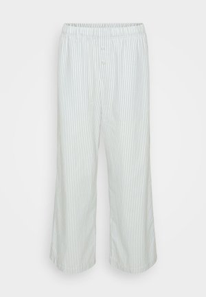 Randiga pyjamasbyxor i ljusgrön och vit, med resårmidja, två framknappar och en bred, lös passform.
