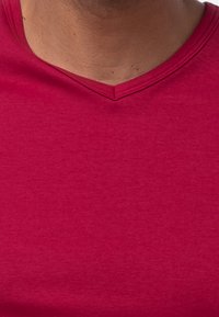 Rød V-hals T-shirt lavet af blødt, struktureret stof. Har en glat halslinje og et enkelt design uden mønstre eller accenter.