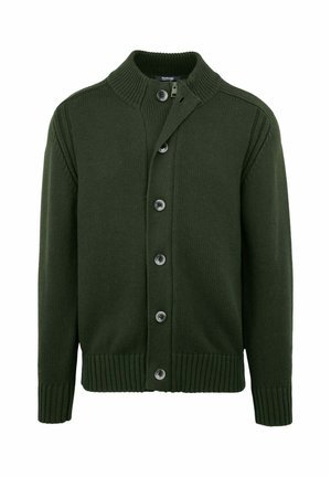 Cardigan lavorato a maglia verde scuro con collo, polsini e orlo a coste, chiusura frontale con bottoni e un interno parzialmente con cerniera sul colletto.