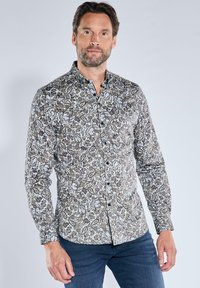 Langärmliges Hemd mit einem Paisleymuster in Beigetönen, Blau und Braun. Mit Button-down-Kragen und vorderen Knöpfen sowie einer taillierten Passform.