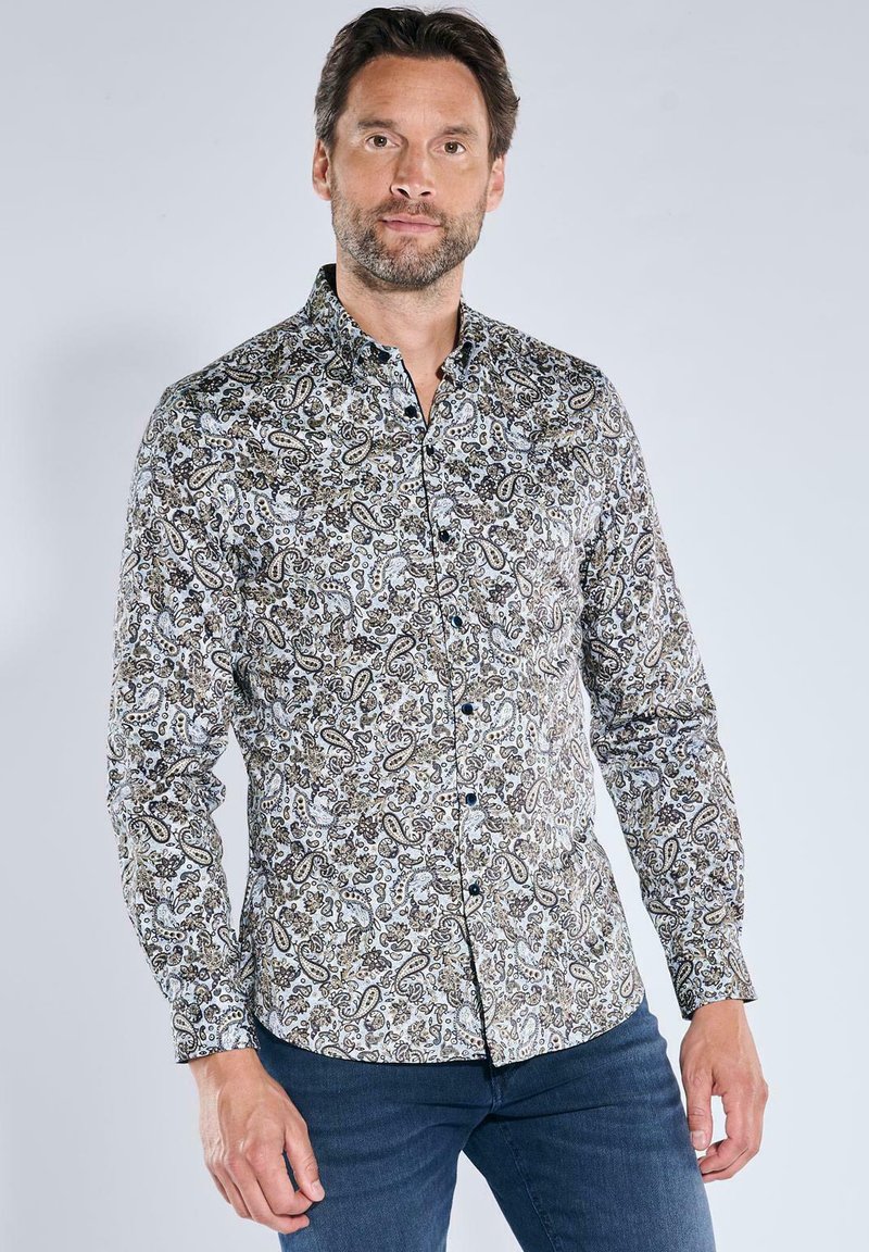 Langärmliges Hemd mit einem Paisleymuster in Beigetönen, Blau und Braun. Mit Button-down-Kragen und vorderen Knöpfen sowie einer taillierten Passform.