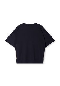 Marineblå oversized kortærmet sweatshirt med rund hals og kontrasterende lysegrå sidelapper, lavet af en blød bomuldsblanding.