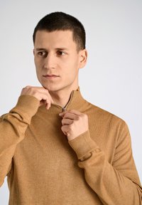 Maglione marrone con zip e un motivo a maglia testurizzato. Il modello regola la cerniera mentre indossa il capo a maniche lunghe.