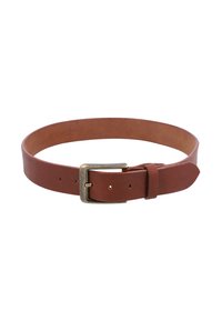 Brauner Ledergürtel mit strukturiertem Finish, ausgestattet mit einer Metall-Schnalle und mehreren Löchern zur Anpassung. Einfaches Design und gerade Form.