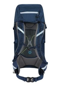 Námořnický modrý turistický batoh s mřížkovou oporou zad, nastavitelné popruhy, horní kapsou na zip a šedými akcenty. Odolná tkanina s ergonomickým designem.