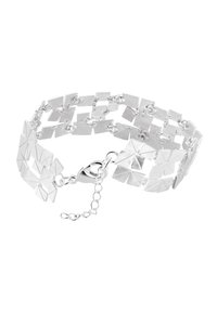 Bracciale in argento composto da anelli quadrati con un pattern a piramide testurizzato, dotato di chiusura e catena regolabile per variare la misura.