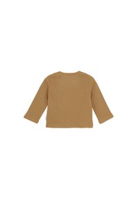 Braun langärmliges, geripptes Shirt flach ausgelegt, von hinten betrachtet, mit rundem Ausschnitt und geradem Saum.