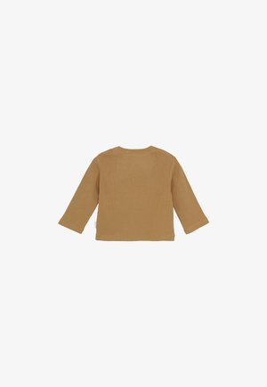 Long-sleeve ribbed brown shirt laid flat, viewed from the back, with a round neckline and straight hem.