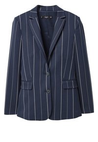 Granatowa marynarka w białe prążki, jednorzędowa, z dwoma przednimi kieszeniami i klapami z wycięciem. Materiał o miękkiej fakturze.