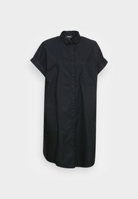 Abito camicia in cotone nero con colletto, maniche corte arrotolate, una tasca frontale e chiusura con bottoni, caratterizzato da una vestibilità comoda e orlo dritto.