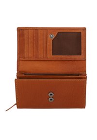 Brown leather wallet open showing four card slots, one mesh ID window with snap, multiple compartments, and dual snap button closure.