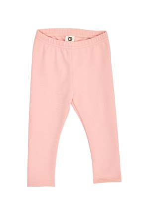 Lyserøde leggings til små børn med elastisk talje, enkelt design uden synlige mønstre eller dekorationer, vist fladt på hvid baggrund.