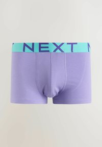 Light purple men's boxer briefs with a wide turquoise waistband featuring the text "NEXT" in dark blue letters.