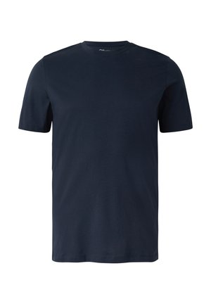 Granatowy t-shirt z krótkim rękawem i okrągłym dekoltem, o prostym kroju, z subtelnym logo na lewej stronie klatki piersiowej.