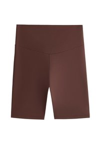Brown high-waisted knee-length fitted shorts with a wide waistband and no visible patterns or logos.
