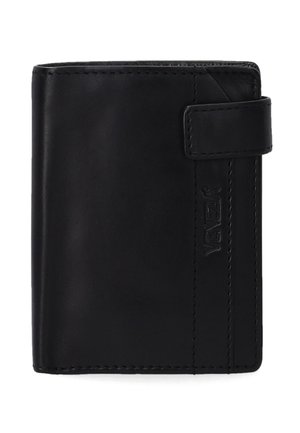Black leather wallet with a smooth texture, rectangular shape, and a front snap closure. Features embossed logo detail and stitching accents.