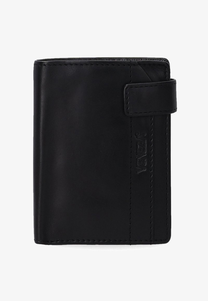 Black leather wallet with a smooth texture, rectangular shape, and a front snap closure. Features embossed logo detail and stitching accents.