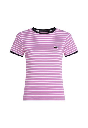 Short-sleeve, ribbed t-shirt in pink with white stripes, featuring a black crew neck and sleeve trim, with a small graphic accent on the chest.
