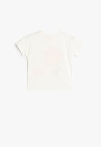 Korte mouwen, crèmekleurig katoenen t-shirt met een bloemenpatroon op de achterkant, voorzien van een ronde halslijn en een rechte zoom. Eenvoudig en lichtgewicht.