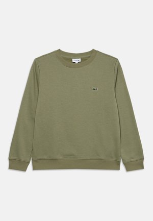 Sweat-shirt vert olive à manches longues avec col rond, poignets et ourlet côtelés, doté d'un petit logo crocodile brodé sur la poitrine.