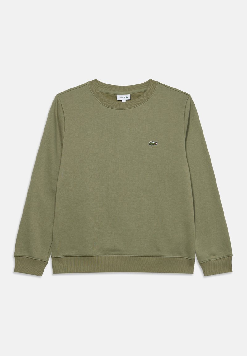 Sweat-shirt vert olive à manches longues avec col rond, poignets et ourlet côtelés, doté d'un petit logo crocodile brodé sur la poitrine.