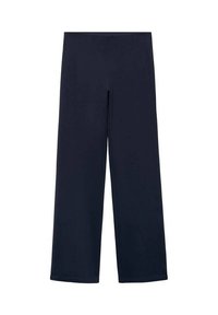 Pantalon bleu marine à jambes larges, taille haute, design simple, sans poches visibles ni ornements, posé à plat sur un fond blanc.
