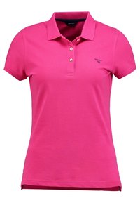 Rosa Polohemd aus Baumwolle mit klassischem Kragen, Knopfleiste mit drei Knöpfen und Logo-Stickerei auf der Brust. Kurze Ärmel und gerade Saum.