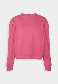 Sweat-shirt court rose à manches longues, col rond, avec un détail subtil de fronces aux épaules. Logo sur la poitrine. Texture douce.
