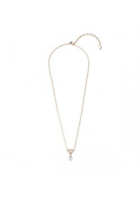 Collana dorata con una catena fine, che presenta un pendente a forma di diamante con una perla bianca alla base. Design semplice ed elegante.