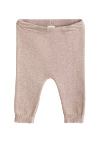 Pantalons bébé en tricot beige clair avec une taille côtelée et un ourlet festonné. Présente une texture douce et un design à coupe droite.