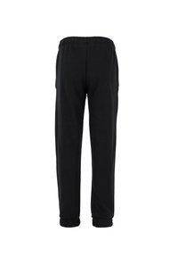 Zwarte trainingsbroek met een elastische tailleband en boorden, gemaakt van een zachte stof, met een eenvoudig, onopgemaakt ontwerp.