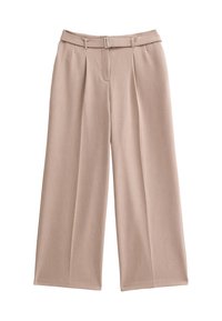 Beiga vida byxor med bälte i midjan, ordentliga veck fram och en mjuk textur. Tyget verkar lätt och strukturerat.