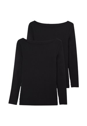 Zwei schwarze Langarmshirts aus weichem Stoff mit schulterfreiem Ausschnitt und geradem Saum, ohne sichtbare Muster oder Verzierungen.