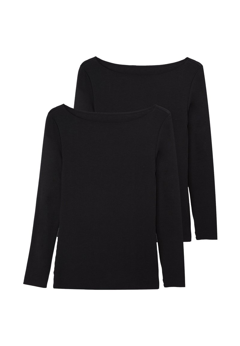 Dwie czarne koszule z długim rękawem wykonane z miękkiego materiału, z dekoltem odsłaniającym ramiona i prostym dołem, bez widocznych wzorów ani ozdób.
