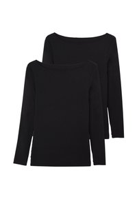 Zwei schwarze Langarmshirts aus weichem Stoff mit schulterfreiem Ausschnitt und geradem Saum, ohne sichtbare Muster oder Verzierungen.