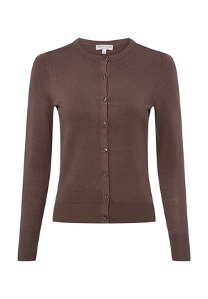 Brown, knitted cardigan with a round neckline, long sleeves, and a button-down front featuring five buttons. Fitted at the waist.