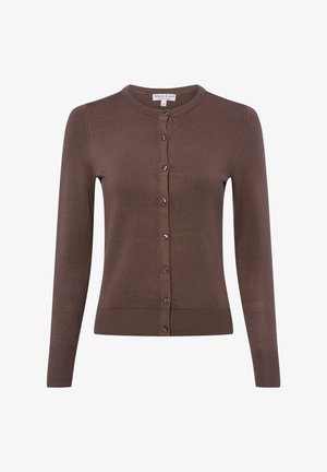 Brauner, gestrickter Cardigan mit Rundhalsausschnitt, langen Ärmeln und einer Knopfleiste mit fünf Knöpfen. Tailliert geschnitten.