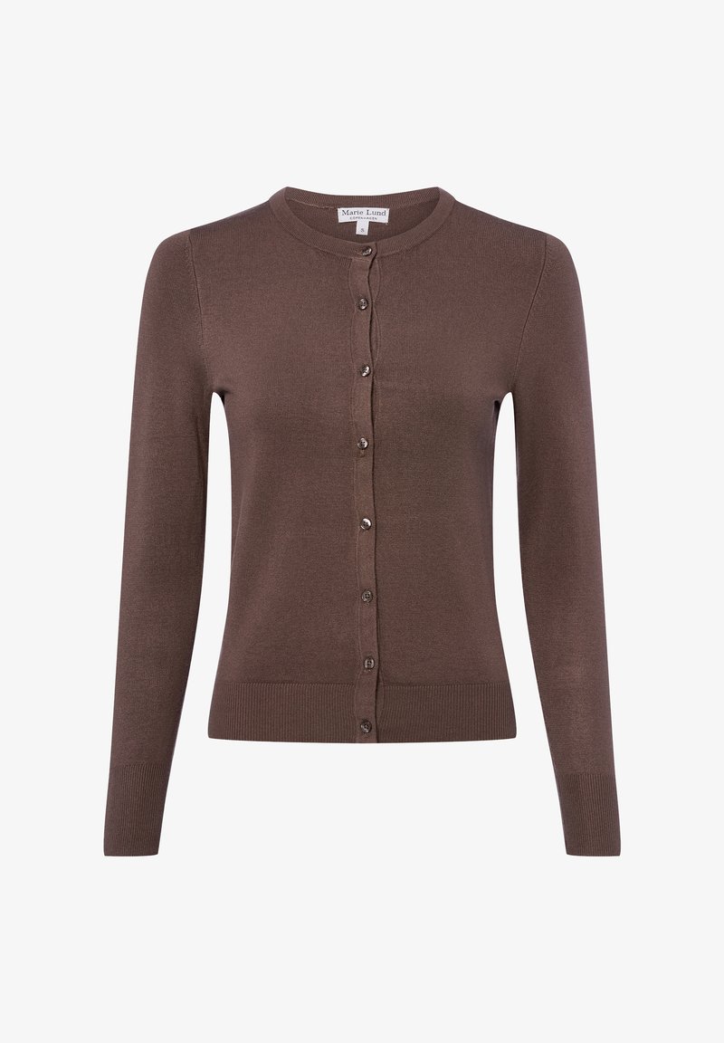 Brauner, gestrickter Cardigan mit Rundhalsausschnitt, langen Ärmeln und einer Knopfleiste mit fünf Knöpfen. Tailliert geschnitten.