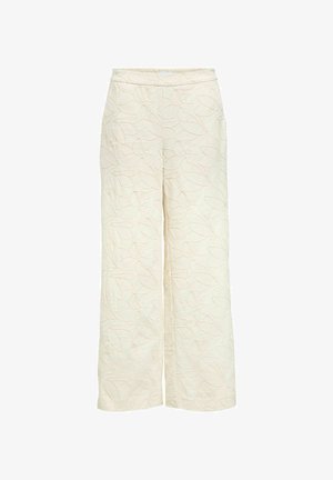 Pantaloni crema a gamba larga con ricamo discreto a motivo foglia, vita alta e cintura liscia.