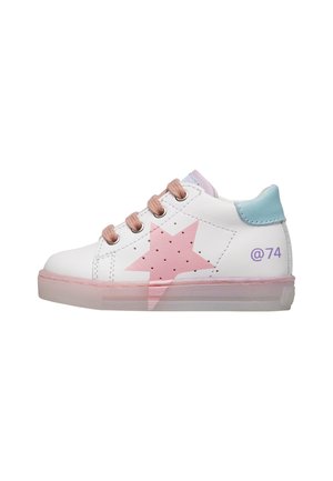 Scarpa da ginnastica bianca per bambino con stella rosa sul lato, lacci rosa, linguetta posteriore azzurro chiaro e suola rosa traslucida, vista laterale.