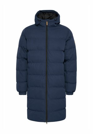 Dunkelblauer, gepolsterter Wintermantel mit Kapuze, ausgestattet mit einem Reißverschluss, elastischen Bündchen und einem schlichten, eleganten Design.