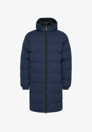 Tamno plavi zimski kaput s podstavom i kapuljačom, s zatvaračem, elastičnim manžetama i jednostavnim, modernim dizajnom.