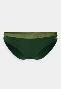 Zöld bikini alsó, csillogó zöld elasztikus derékrésszel, sima textúrával és klasszikus szabással. Diszkrét logó díszítés az oldalon.
