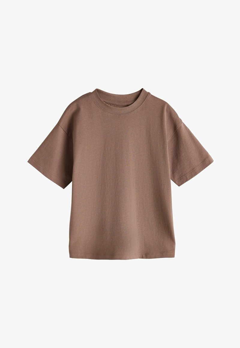 T-shirt en coton marron avec col rond, manches courtes et coupe décontractée. Texture lisse sans motifs ni accents visibles.