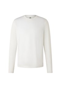 Biała koszulka z długim rękawem, wykonana z gładkiego materiału, z okrągłym dekoltem i małym, markowym logo na piersi. Prosty design, bez wzorów.