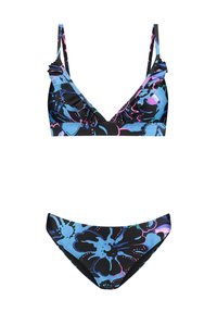 Dvojdielne bikiny s kvetinovým vzorom v modrej a ružovej farbe na čiernom pozadí. Materiál vyzerá hladko; nastaviteľné ramienka na vrchnej časti.