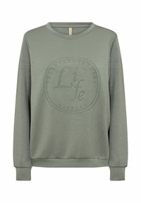 Lichtgroene sweatshirt met een ronde halslijn, featuring een gestructureerde cirkelvormige graphic met de tekst "Thankful, Grateful, Blessed" in een bijpassende kleur.