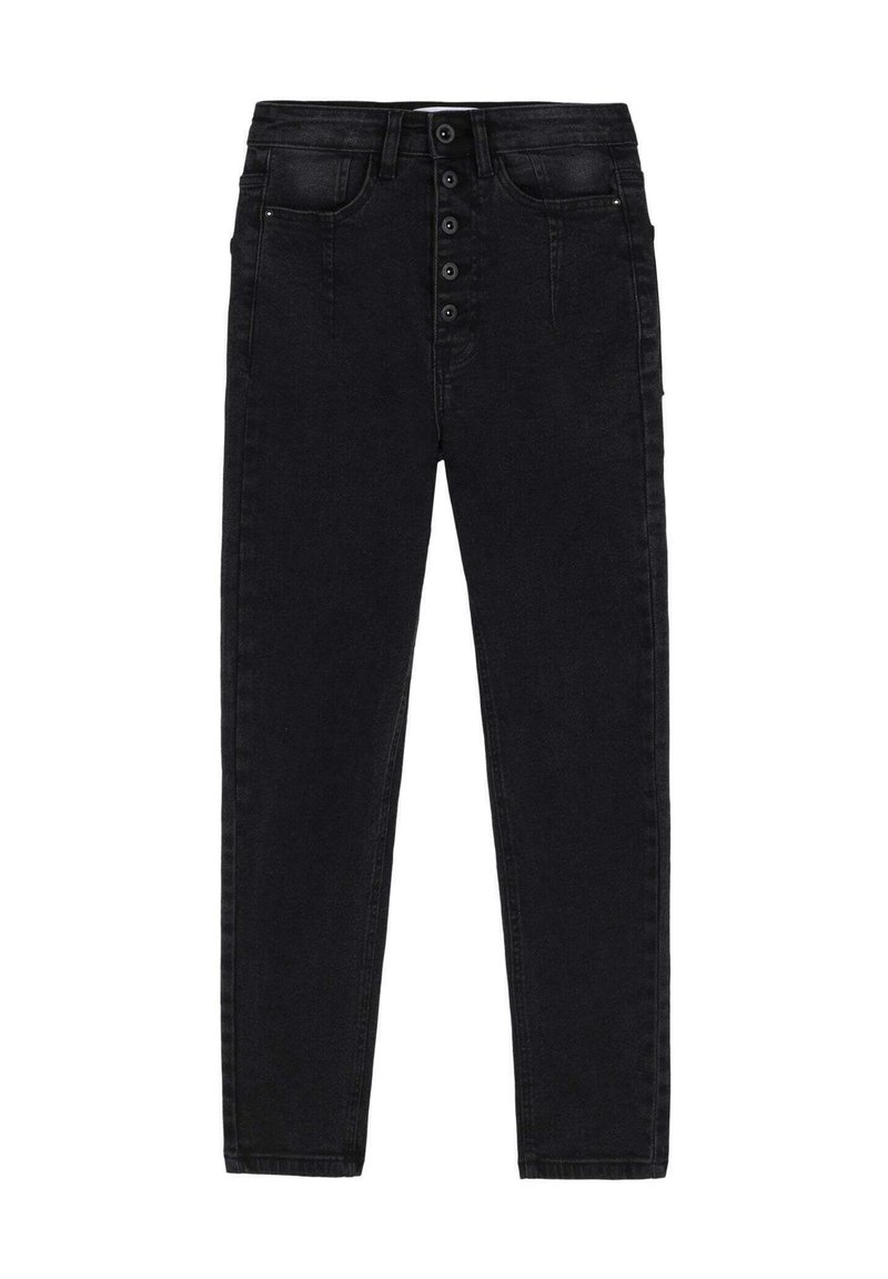 Jeans skinny in denim nero con vita alta, dotati di chiusura a bottone, passanti per cintura, cinque tasche e una finitura morbida e texture.