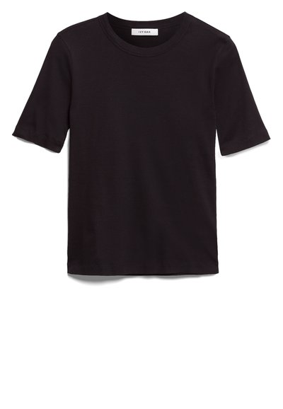 Zwarte T-shirt met korte mouwen van zacht katoen, met een ronde hals en een gladde, gelijkmatige textuur met een minimaal ontwerp.